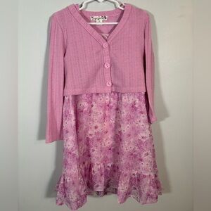 Knitworks Girls Pink Floral Dress Sz 6 w/ Attached Sweater Layer Long Sleeve